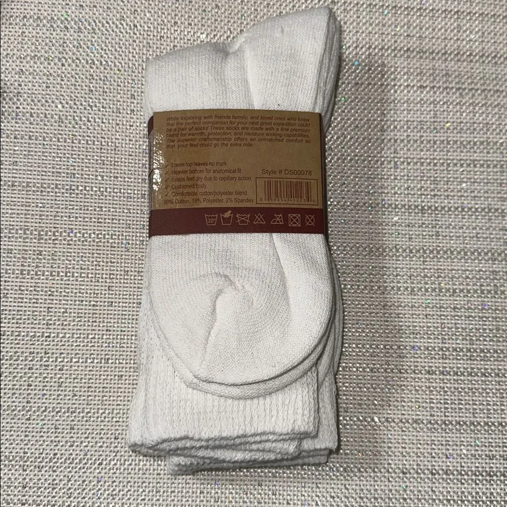 Diabetic Socks 3 pk White Cotton Blend Unisex Loose Top Cushioned Socks